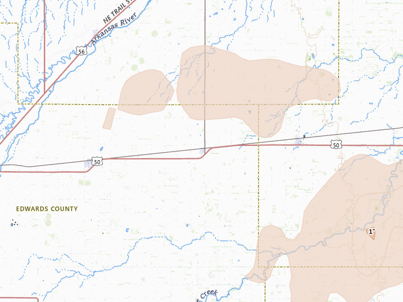 Radar-estimated hail-size map of the storm over Belpre, KS on Jun 1, 2026