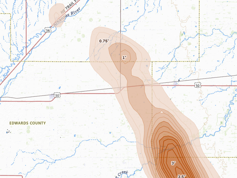 Radar-estimated hail-size map of the storm over Belpre, KS on Jun 16, 2026