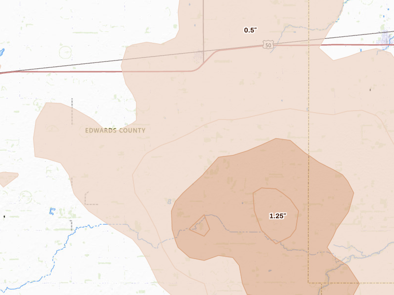 Radar-estimated hail-size map of the storm over Belpre, KS on Jun 20, 2026