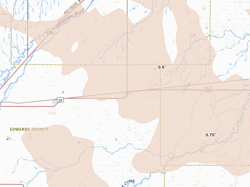 Radar-estimated hail-size map of the storm over Belpre, KS on Jun 25, 2026