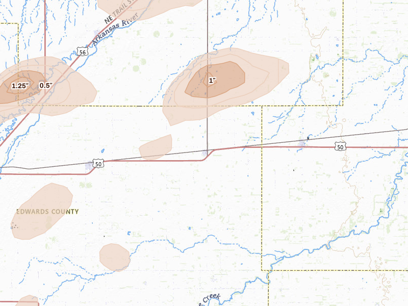 Radar-estimated hail-size map of the storm over Belpre, KS on Jul 9, 2026