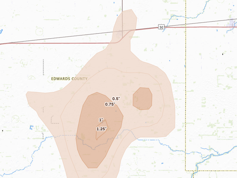 Radar-estimated hail-size map of the storm over Belpre, KS on Aug 14, 2026