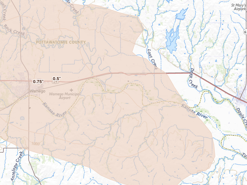Radar-estimated hail-size map of the storm over Belvue, KS on Jun 10, 2026