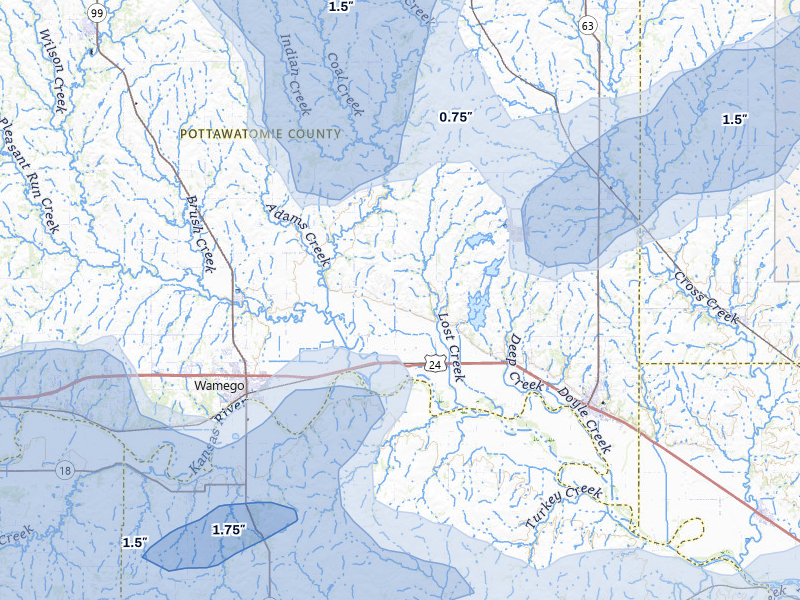 NEXRAD radar-signature map of the hail storm over Belvue, KS on Jul 3, 2026
