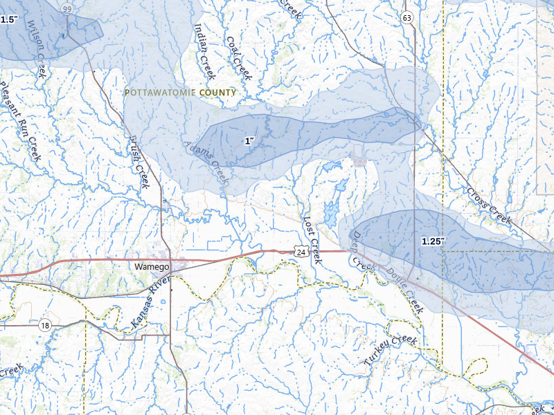 NEXRAD radar-signature map of the hail storm over Belvue, KS on Jul 8, 2026