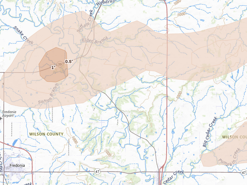 Radar-estimated hail-size map of the storm over Benedict, KS on Mar 31, 2026