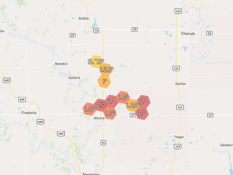 Hail map of Benedict, KS on Jun 1, 2026, hail up to 2"