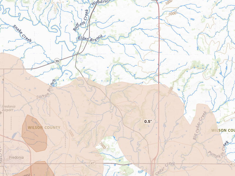 Radar-estimated hail-size map of the storm over Benedict, KS on Jul 10, 2026