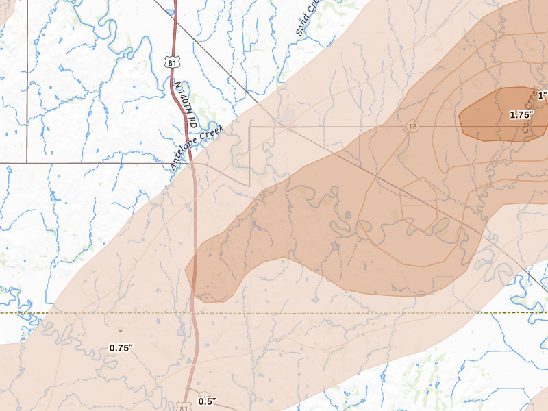 Radar-estimated hail-size map of the storm over Bennington, KS on May 18, 2026