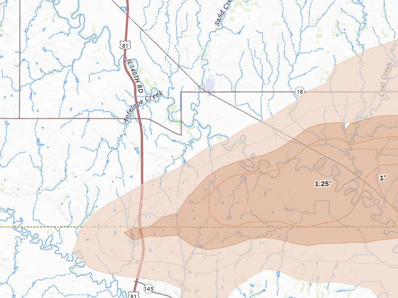 Radar-estimated hail-size map of the storm over Bennington, KS on Jun 10, 2026