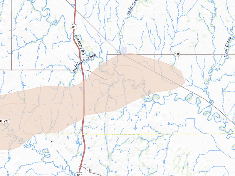 Radar-estimated hail-size map of the storm over Bennington, KS on Jul 9, 2026