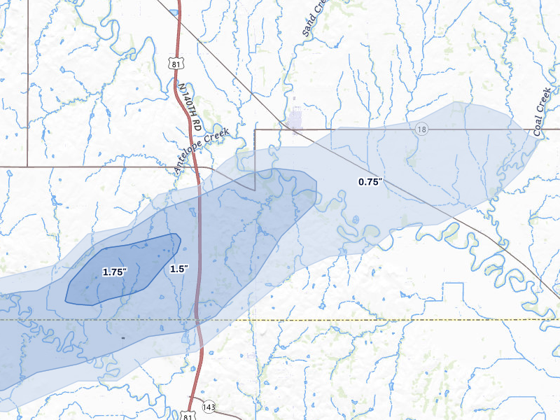 NEXRAD radar-signature map of the hail storm over Bennington, KS on Jul 9, 2026