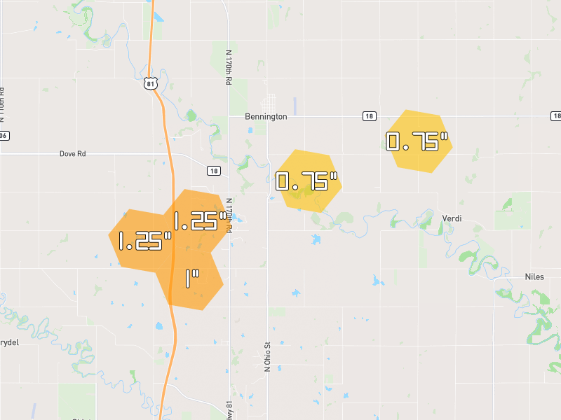 Hail map of Bennington, KS on Jul 10, 2026, hail up to 1.25"