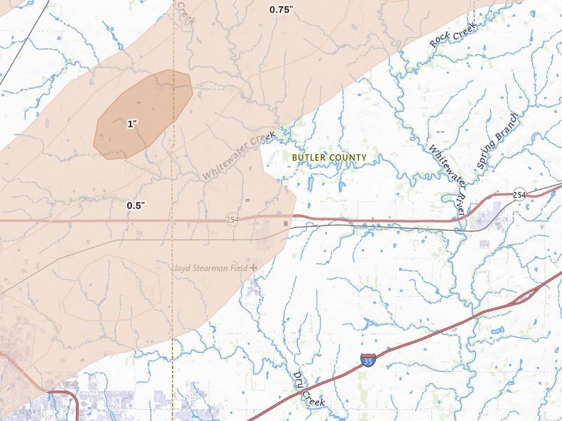Radar-estimated hail-size map of the storm over Benton, KS on Apr 17, 2026
