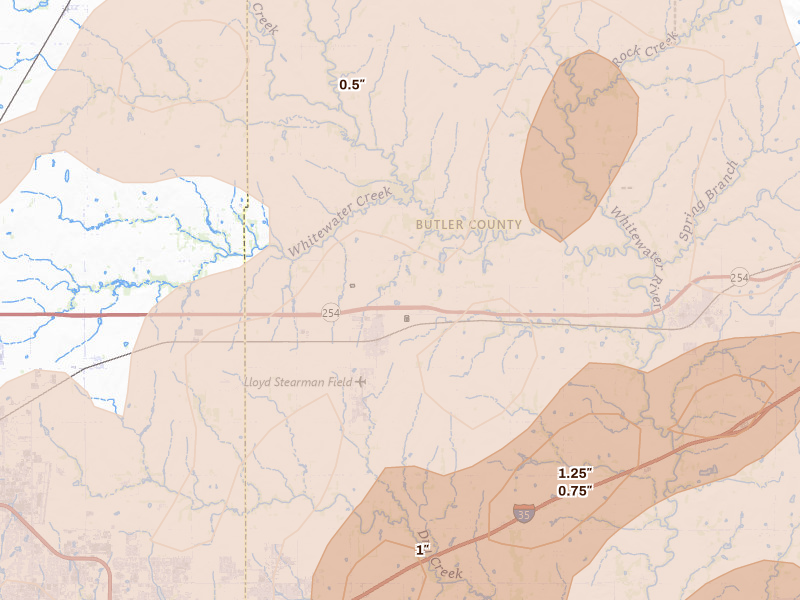 Radar-estimated hail-size map of the storm over Benton, KS on Apr 23, 2026