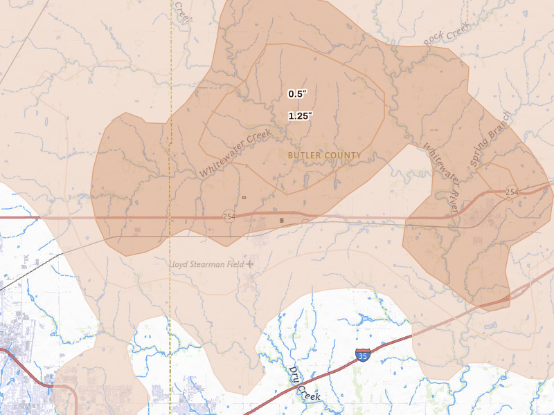 Radar-estimated hail-size map of the storm over Benton, KS on May 30, 2026