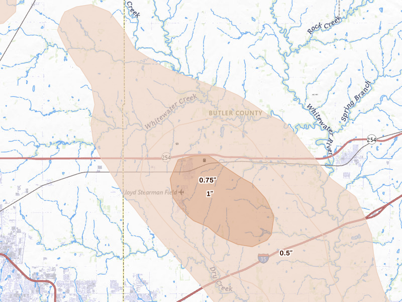 Radar-estimated hail-size map of the storm over Benton, KS on Jun 25, 2026