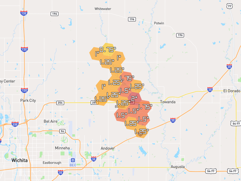 Hail map of Benton, KS on Jun 26, 2026, hail up to 2"