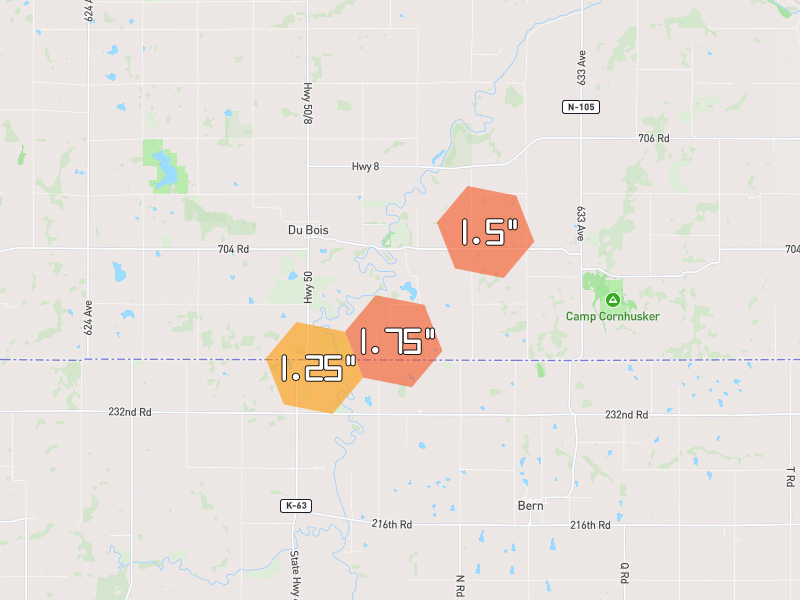 Hail map of Bern, KS on Jun 4, 2026, hail up to 1.75"