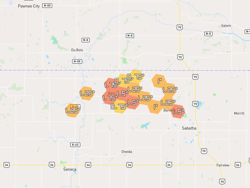 Hail map of Bern, KS on Jun 5, 2026, hail up to 1.75"