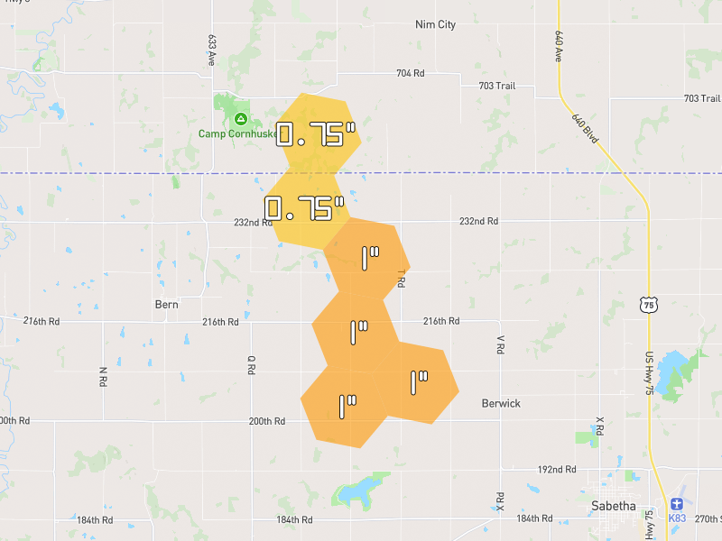 Hail map of Bern, KS on Jun 6, 2026, hail up to 1"