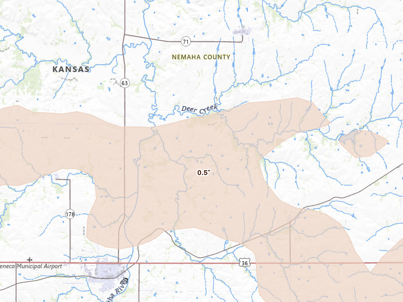 Radar-estimated hail-size map of the storm over Bern, KS on Aug 19, 2026