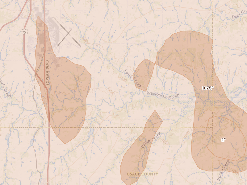 Radar-estimated hail-size map of the storm over Berryton, KS on Apr 26, 2026
