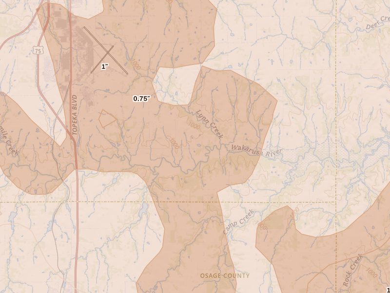 Radar-estimated hail-size map of the storm over Berryton, KS on Jun 8, 2026