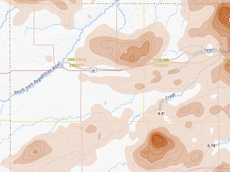 Radar-estimated hail-size map of the storm over Bird City, KS on Jun 20, 2026