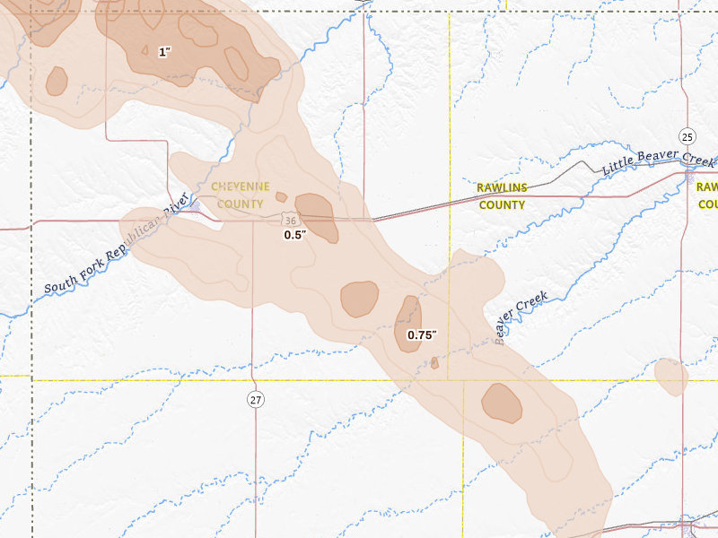 Radar-estimated hail-size map of the storm over Bird City, KS
