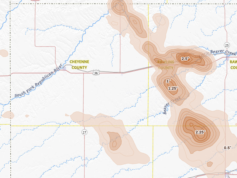 Radar-estimated hail-size map of the storm over Bird City, KS on Jul 9, 2026