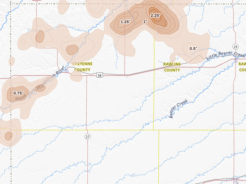 Radar-estimated hail-size map of the storm over Bird City, KS on Jul 27, 2026