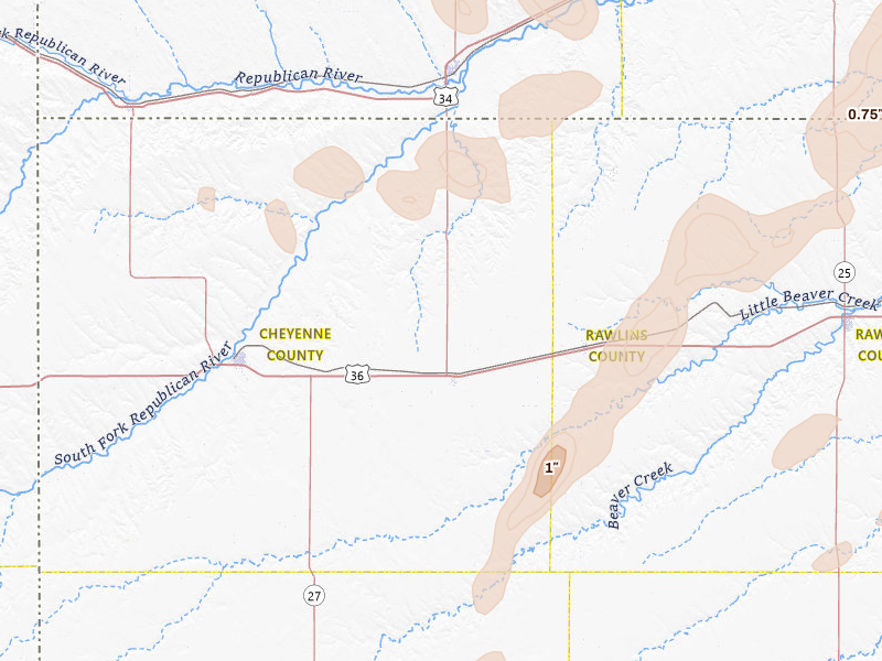 Radar-estimated hail-size map of the storm over Bird City, KS on Aug 14, 2026
