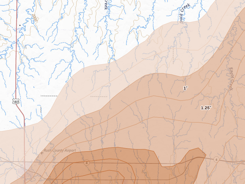 Radar-estimated hail-size map of the storm over Bison, KS on May 17, 2026