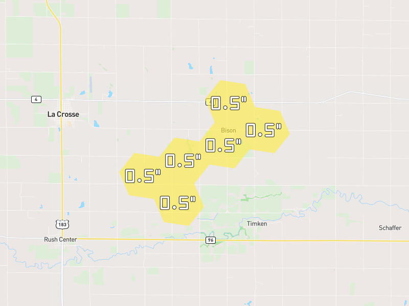 Hail map of Bison, KS on Jul 4, 2026, hail up to 0.5"