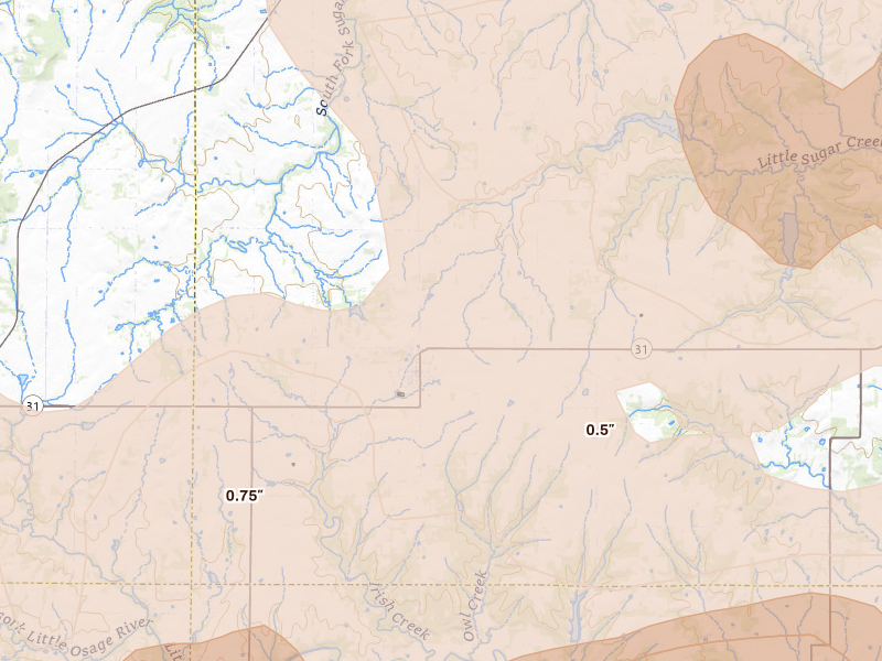 Radar-estimated hail-size map of the storm over Blue Mound, KS on Apr 26, 2026