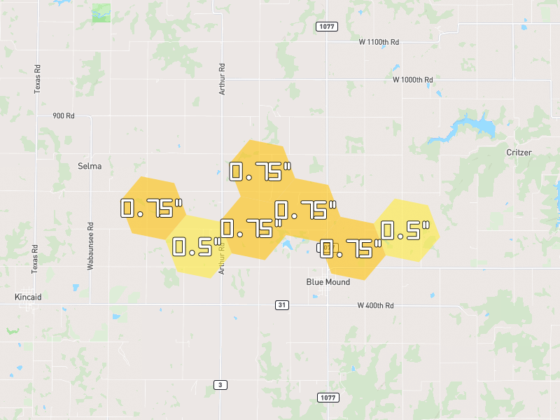 Hail map of Blue Mound, KS on Jun 1, 2026, hail up to 0.75"
