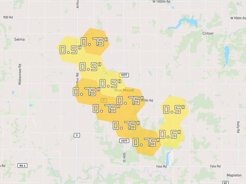 Hail map of Blue Mound, KS on Jun 9, 2026, hail up to 0.75"