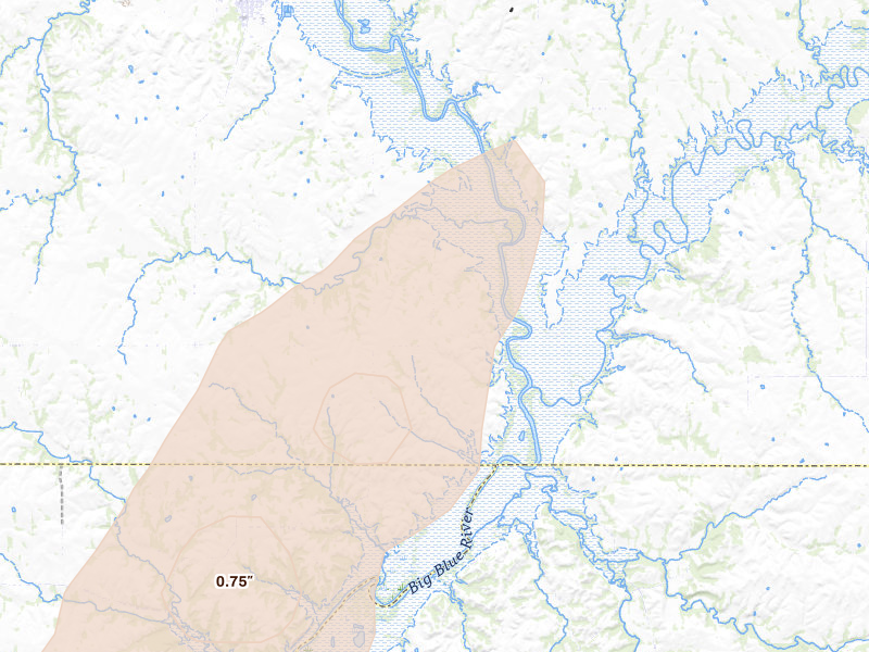 Radar-estimated hail-size map of the storm over Blue Rapids, KS on Mar 5, 2026