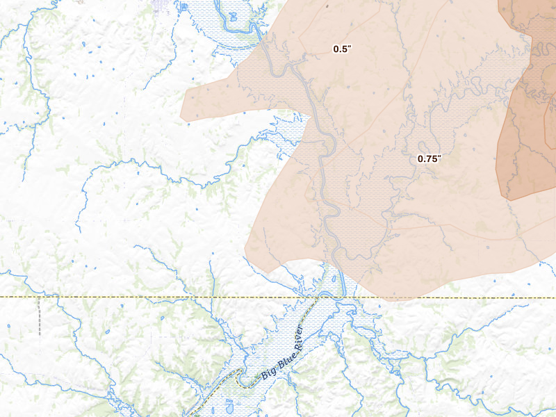 Radar-estimated hail-size map of the storm over Blue Rapids, KS on Apr 23, 2026