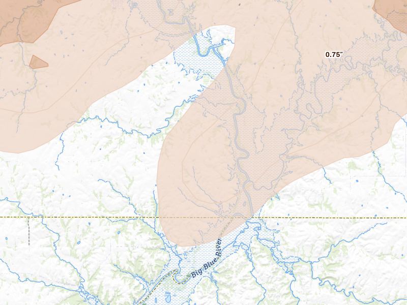 Radar-estimated hail-size map of the storm over Blue Rapids, KS on May 18, 2026