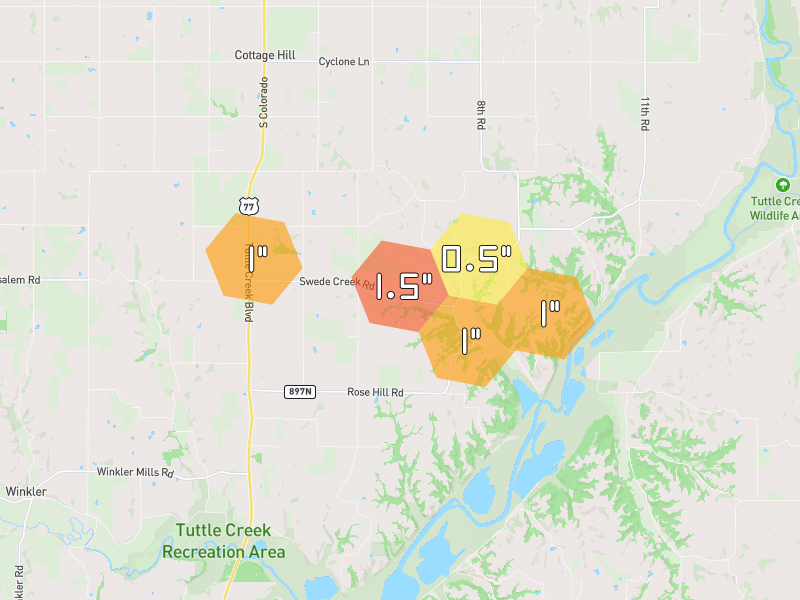 Hail map of Blue Rapids, KS on Jul 4, 2026, hail up to 1.5"