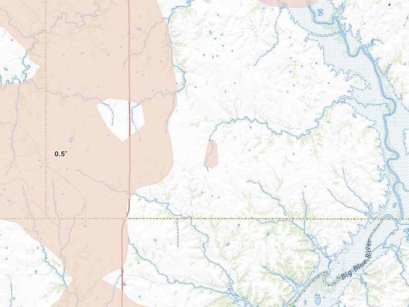 Radar-estimated hail-size map of the storm over Blue Rapids, KS on Aug 6, 2026