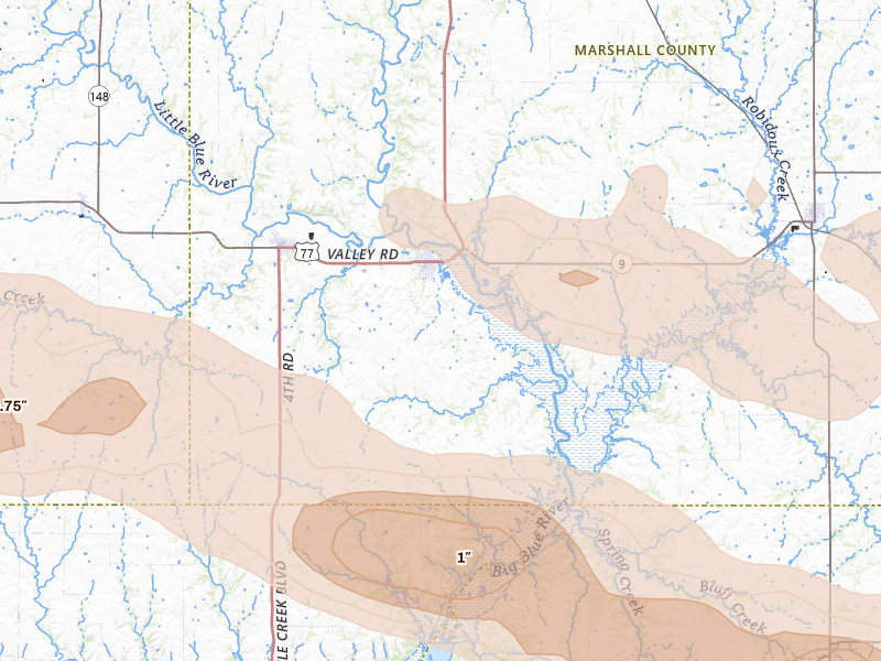 Radar-estimated hail-size map of the storm over Blue Rapids, KS on Aug 18, 2026