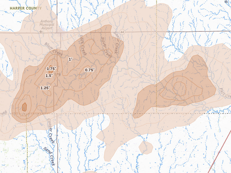 Radar-estimated hail-size map of the storm over Bluff City, KS on Mar 10, 2026