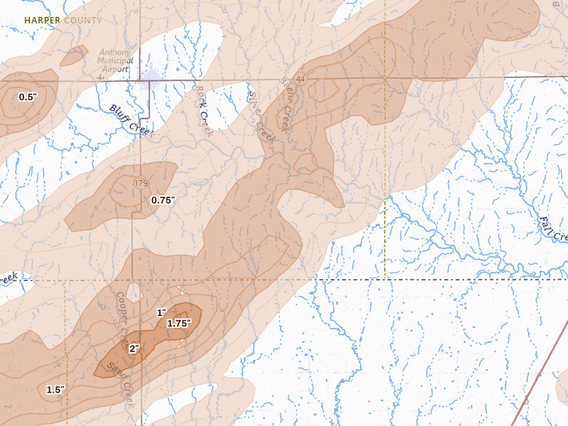 Radar-estimated hail-size map of the storm over Bluff City, KS on Apr 17, 2026