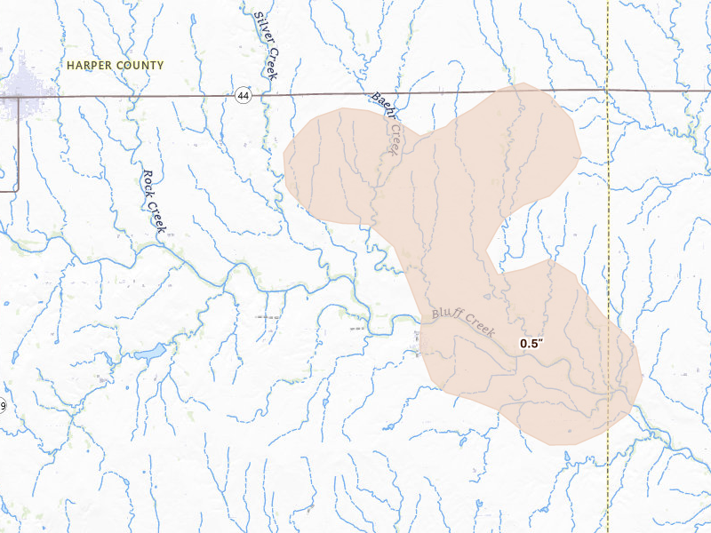 Radar-estimated hail-size map of the storm over Bluff City, KS on Aug 7, 2026
