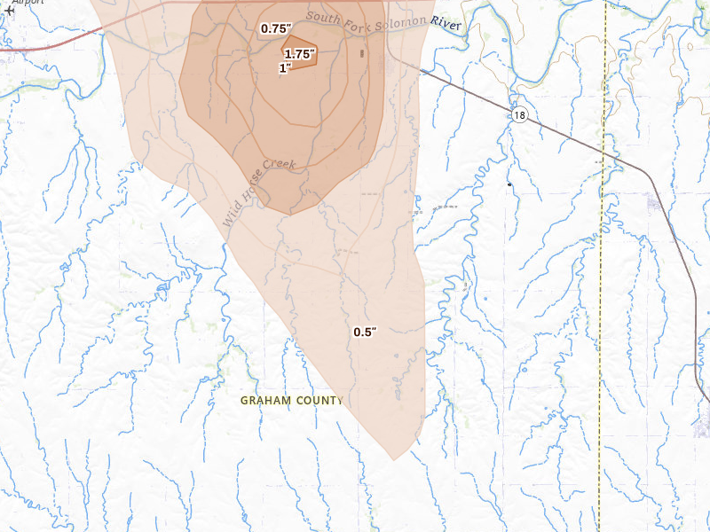 Radar-estimated hail-size map of the storm over Bogue, KS on Jun 3, 2026