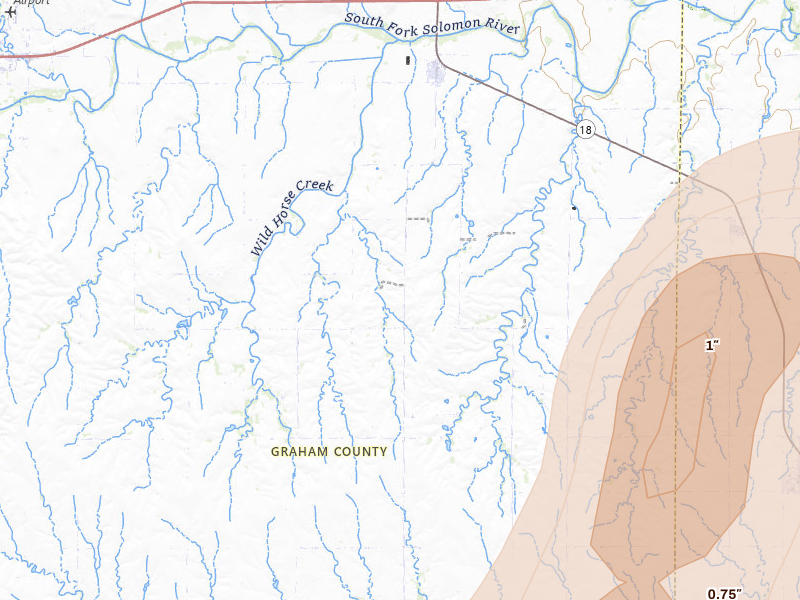 Radar-estimated hail-size map of the storm over Bogue, KS on Jul 3, 2026