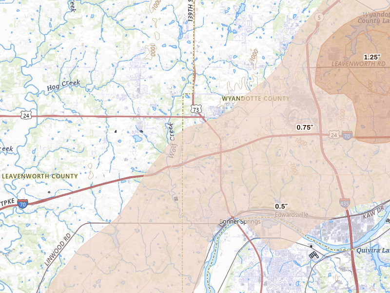 Radar-estimated hail-size map of the storm over Bonner Springs, KS on Mar 10, 2026
